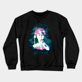 hot robot holding a katana, cyberpunk design. pink and blue. Crewneck Sweatshirt